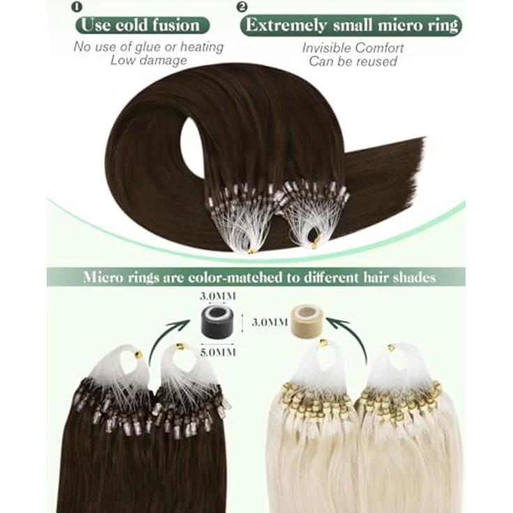 Ugeat Extensions Echthaar Microring Dunkelbraun 60 cm 50G 50S, hitzebeständig und einfach zu montieren – Bild 3