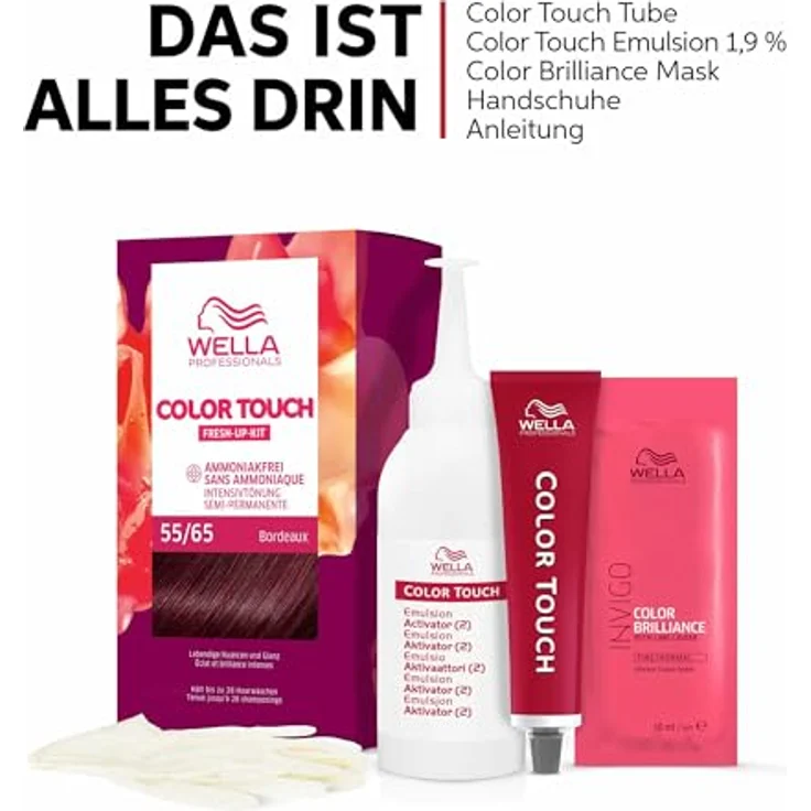 Wella Professionals Color Touch demi-permanente Haarfarbe ohne Ammoniak – Haarfärbemittel zur Farbauffrischung und Grauhaar-Abdeckung – Ansatz-Kit inkl. Haarmaske – 55/65 Bordeaux (130 ml) – Bild 4