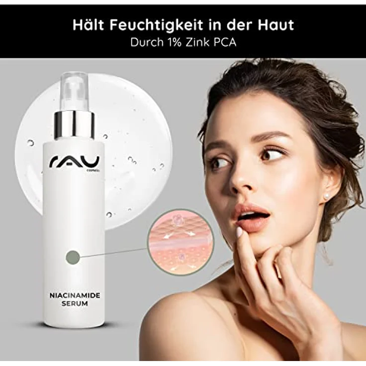 RAU Cosmetics 10% Niacinamide Booster + Zink PCA Serum 100 ml - Anti Pigmentflecken & Anti Pickel & Poren verkleinern - Gesichtsserum für unreine Haut, Akne & Mischhaut - Niacinamide 10% + Zinc 1% - Mit Maclura Cochinchinensis & Aloe Vera, Made in Germany – Bild 4