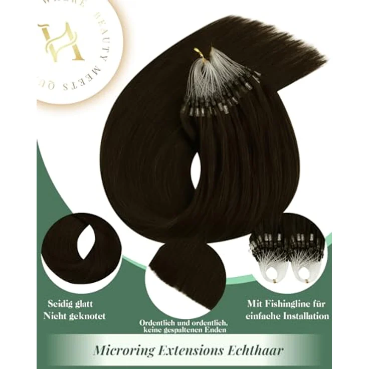 Ugeat Microring Extensions, Echthaar, Braun #4, 45 cm, 50 Strähnen à 1 g, hitzebeständig bis 180 °C – Bild 2