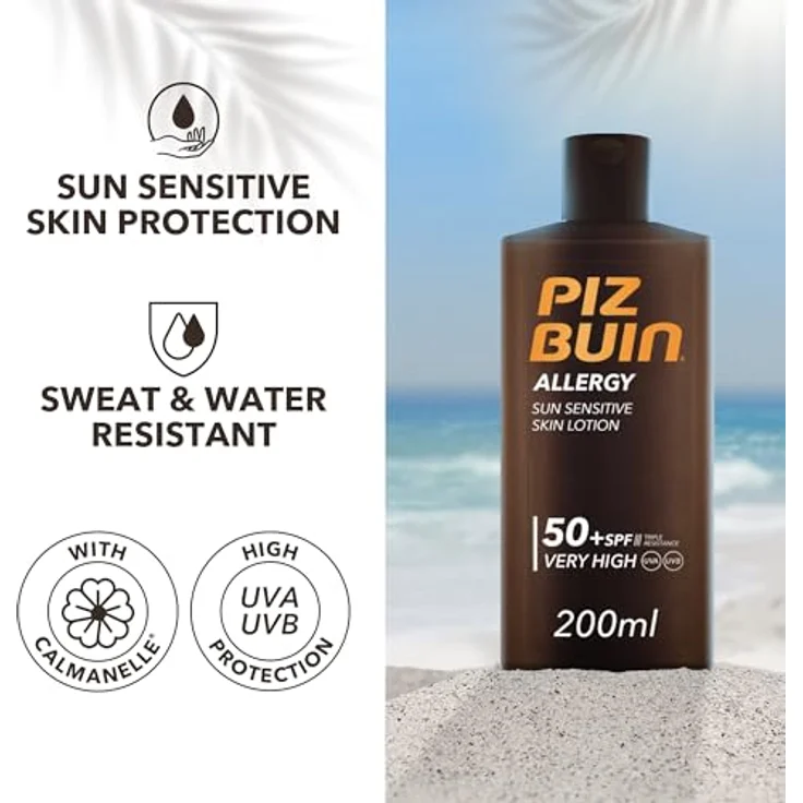 Piz Buin Allergy Sun Sensitive Skin Lotion SPF50+ Griechenland Karton 200 ml – Bild 2