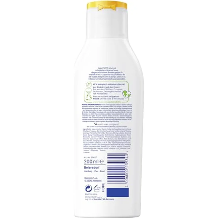 NIVEA SUN Sensitiv Sofortschutz Sonnenlotion LSF 50+, duftfreie & wasserfeste Sonnenschutzcreme für empfindliche Haut, 200 ml – Bild 2