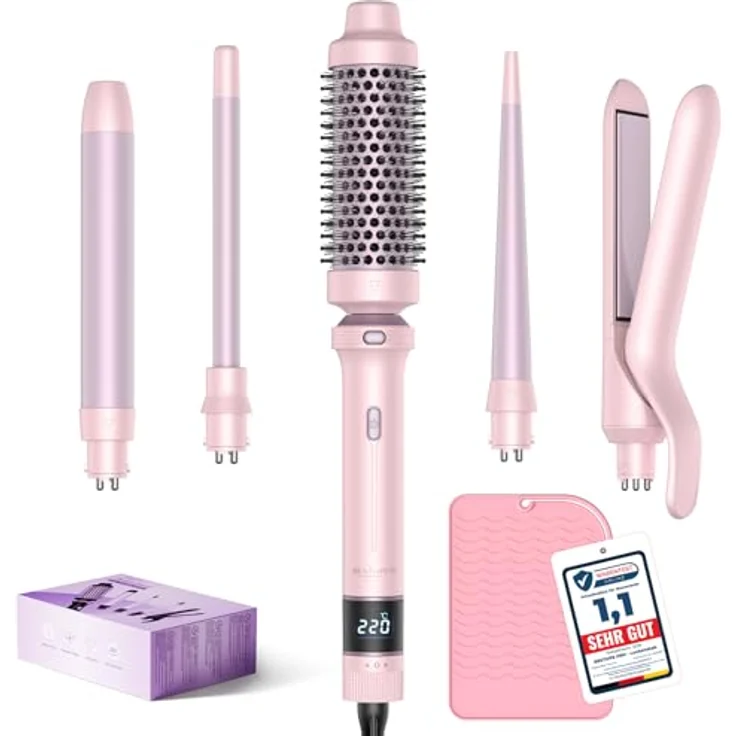 BESTOPE PRO 5-in-1 Lockenstab Set mit Glätteisen, Thermobürste, 3 keramischen Lockeneisen (9mm-25mm), 13 Temperaturen, schnellheizend, rosa – Bild 1