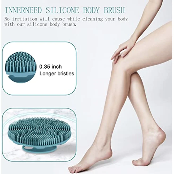 INNERNEED Körperschrubber aus weichem Silikon, Duschbürste mit sanftem Peeling und ergonomischem Griff, Set Dunkelgrün+Pink – Bild 4