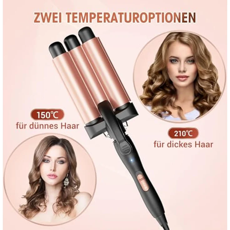 BESTOPE PRO Lockenstab 3 Fässer, Beach Waves Welleneisen mit einstellbarer Temperatur und PTC Schnellheizung, für alle Haartypen, Roségold – Bild 5