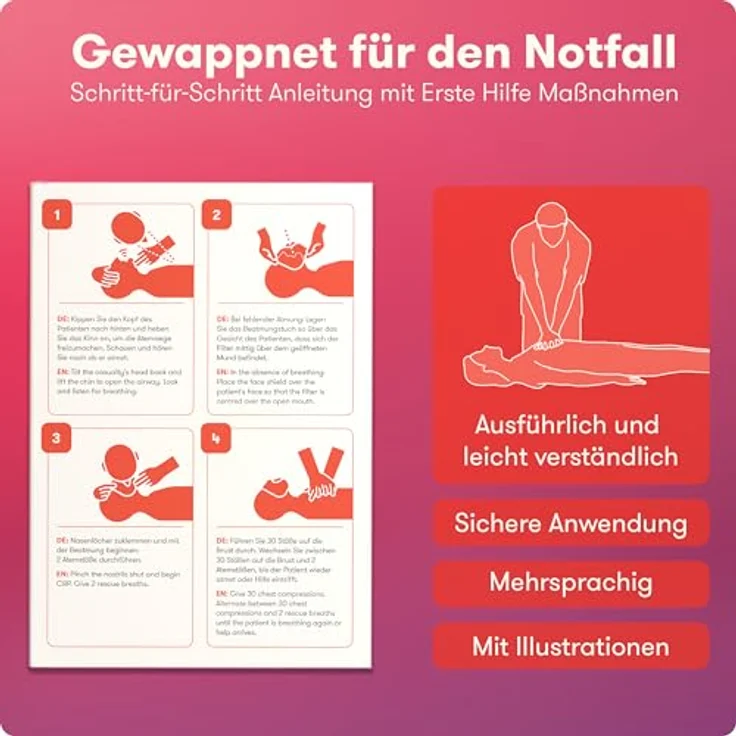 Purahelp Erste-Hilfe-Set Beatmungstuch 12er Set, Hygienischer Mund-zu-Mund Beatmungsschutz mit praktischer Tasche und Schlüsselanhänger – Bild 5