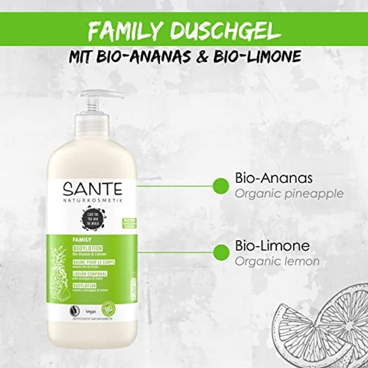 SANTE Naturkosmetik Erfrischendes Duschgel mit Zitrusduft, Feuchtigkeitsspendende Duschpflege für geschmeidige Haut in Familiengröße, Mit Bio-Ananas und Limone, Family Duschgel, 1 x 950 ml – Bild 5