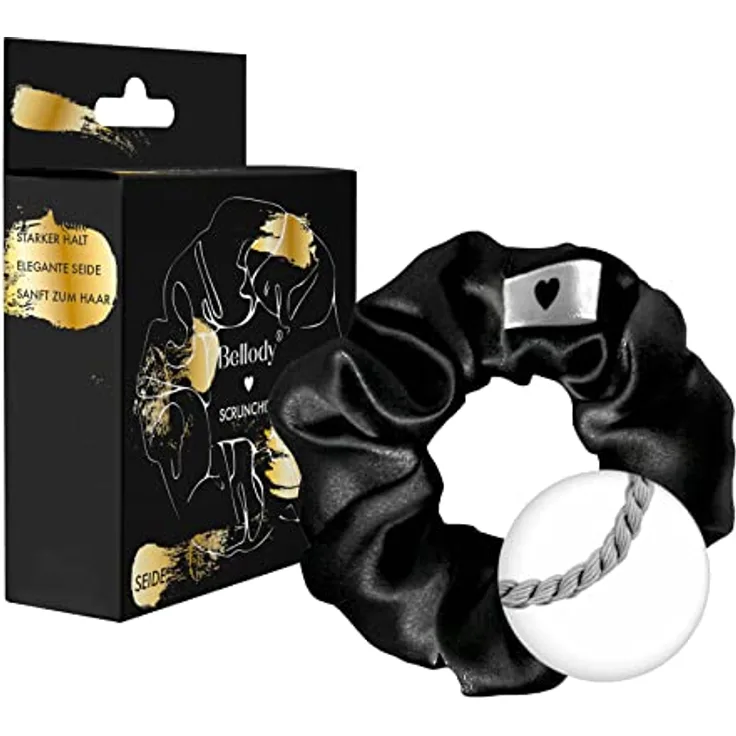 Bellody® Scrunchies Samt – Samtig weich, starker Halt, Velvet Look, exklusive Farben (1 Stück -Seide Schwarz)
