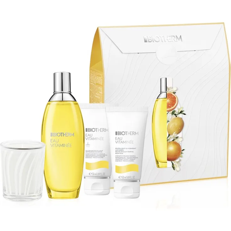 Biotherm Eau Viteminée Geschenkset für Damen, Duftset mit Eau de Toilette 100 ml, Duschgel 50 ml, Bodylotion 50 ml und Kerze 70 g