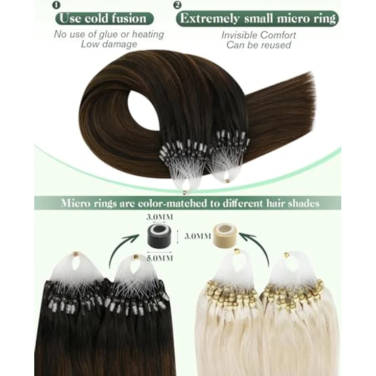 Ugeat Microring Extensions Echthaar Mittelbraun Ombre, 35 cm, 50 Strähnen, hitzebeständig bis 180 °C – Bild 3