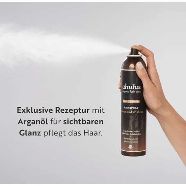 ahuhu STYLE & FINISH Haarspray, strong hold & shine (300 ml), mit Arganöl, vegan, für alle Haartypen, ohne zu verkleben, leicht ausbürstbar, floral duftend – Bild 5