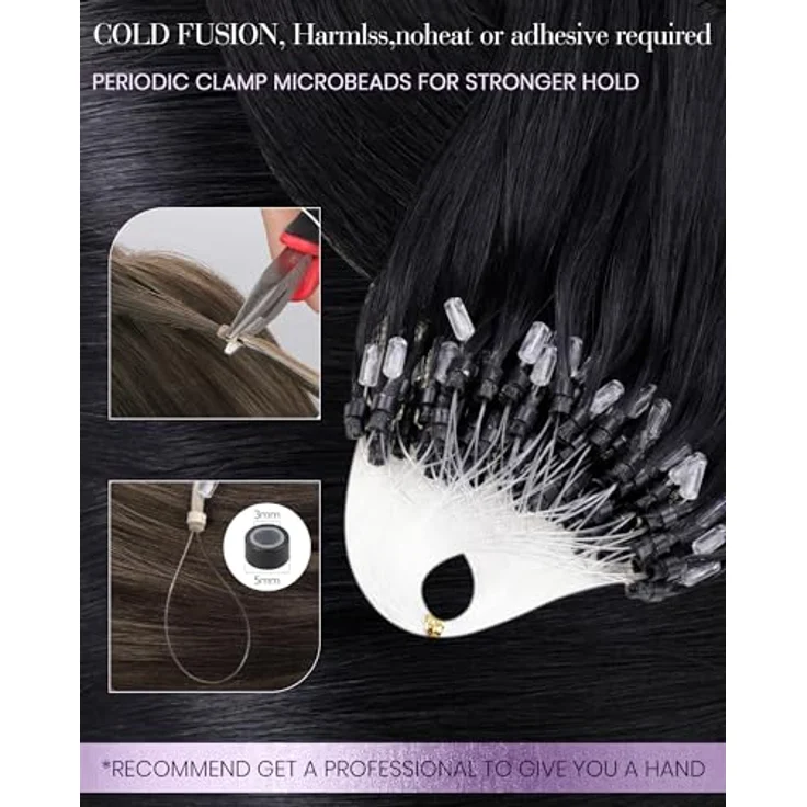 LaaVoo Microring Extensions, Echthaar Remy, Schwarz, 50g, 1g/s, 40cm, wiederverwendbar und hitzestyling geeignet – Bild 3