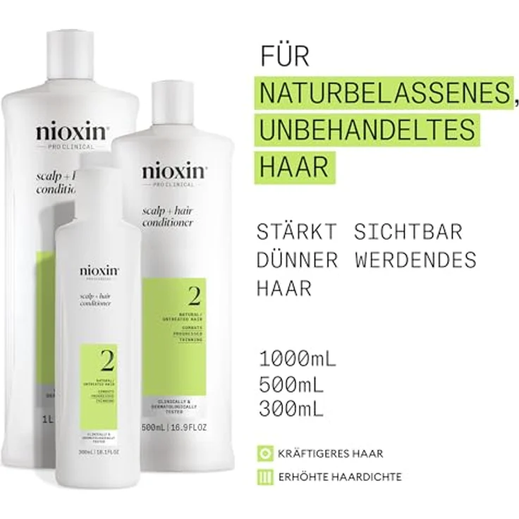 NIOXIN Scalp + Hair System 2 Conditioner – Haarspülung für unbehandeltes, sichtbar dünner werdendes Haar – mit Biotin, Koffein & Niacinamid (1 l) – Bild 2