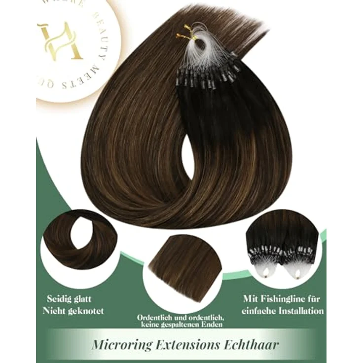 Ugeat Micro Ring Extensions Echthaar, Braun Ombre 50 cm, 50 Strähnen, Hitzefrei, Remy-Echthaar – Bild 2