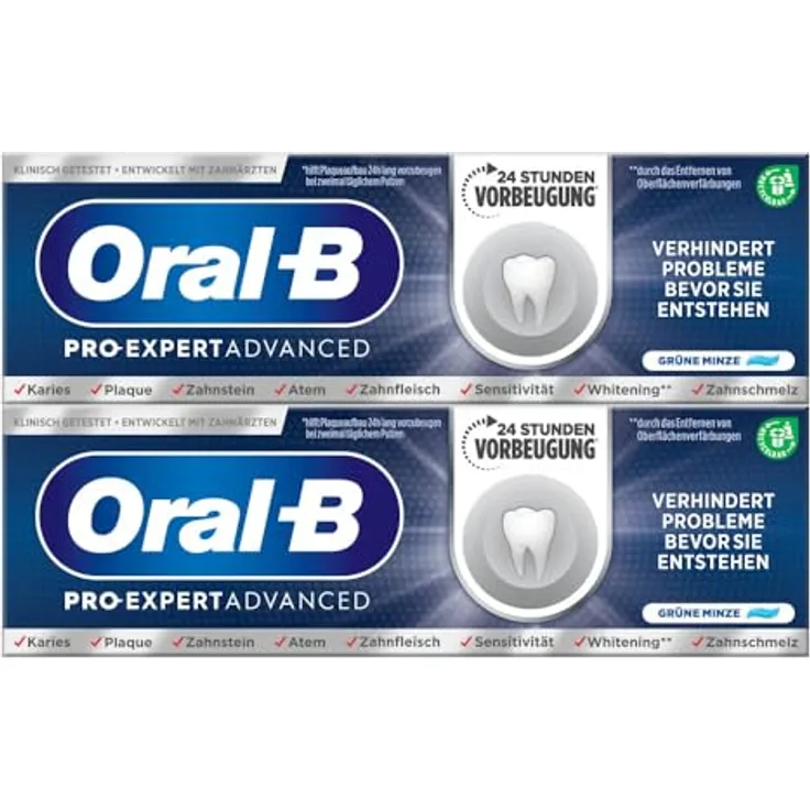 Oral-B Pro-Expert Advanced Zahncreme, 2x75 ml, 24h Karies- und Plaque-Schutz, frischer Grüne-Minze-Geschmack, recycelbare Verpackung