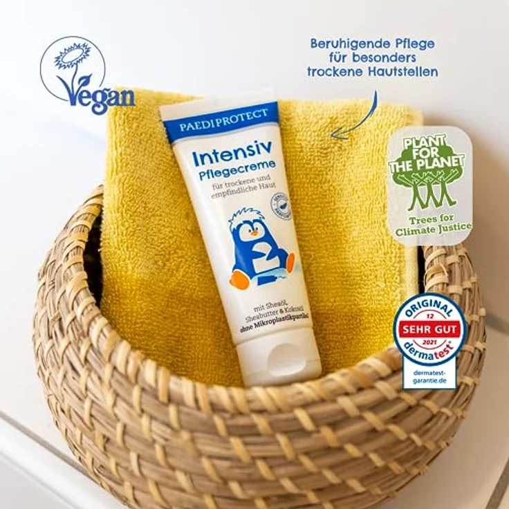 PAEDIPROTECT Intensiv Pflegecreme 75ml, spendet Feuchtigkeit bei trockener & gereizter Haut, lindert Juckreiz und beugt Entzündungen vor, parfümfreie Baby Creme für Gesicht, Körper & Hände, vegan – Bild 4
