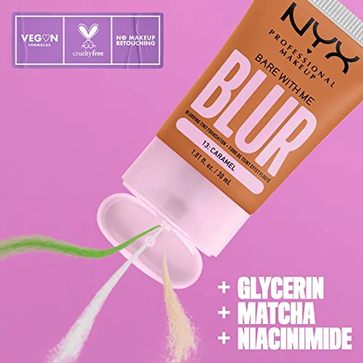NYX Professional Makeup Weichzeichnende Foundation mit mittlerer Deckkraft und mattem Finish, Bis zu 12 Stunden Pflege und Feuchtigkeit, Mit Niacinamiden, Bare with Me, Farbe: Caramel, 1 x 30 ml – Bild 2