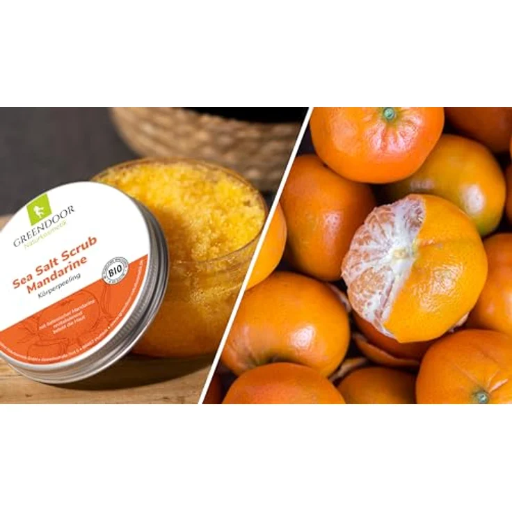 GREENDOOR Körperpeeling Meersalz Mandarine 280g, Naturkosmetik ohne Mikroplastik und Konservierungsstoffe, mit BIO Jojobaöl, Body Scrub, Natur Sauna-Salz – Bild 3