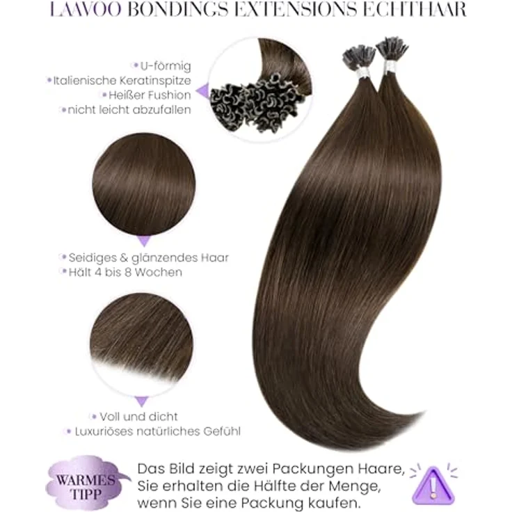 LaaVoo Echthaar Extensions mit Keratin Bondings, Braun #4, Hot Fusion Utips Remy Haarverlängerung, 1g/s, 50g – Bild 2