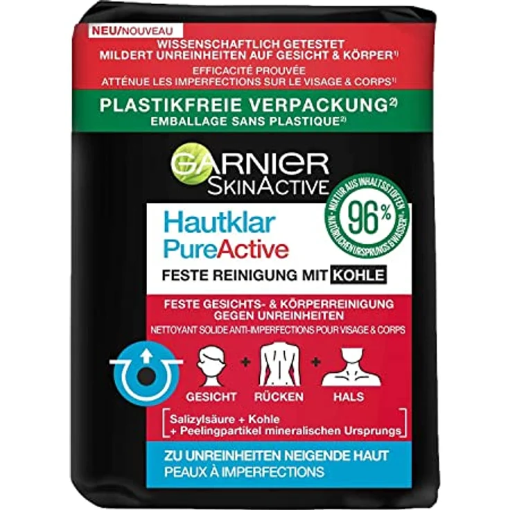 Garnier Hautklar PureActive Feste Reinigung Mit Kohle je 100g Gesicht Körper, 1 Packung, 96% natürliche Inhaltsstoffe – Bild 3