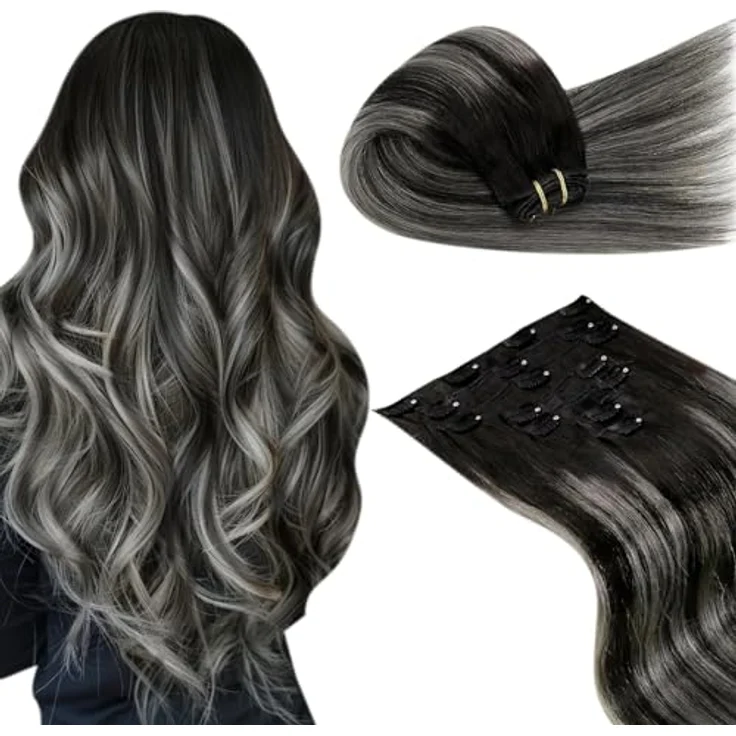 LaaVoo Echthaar Extensions Clip Ombre 55cm, Schwarz Silber Balayage, Doppelt Tressen 7PCS 120g #1b/s/1b – Bild 1
