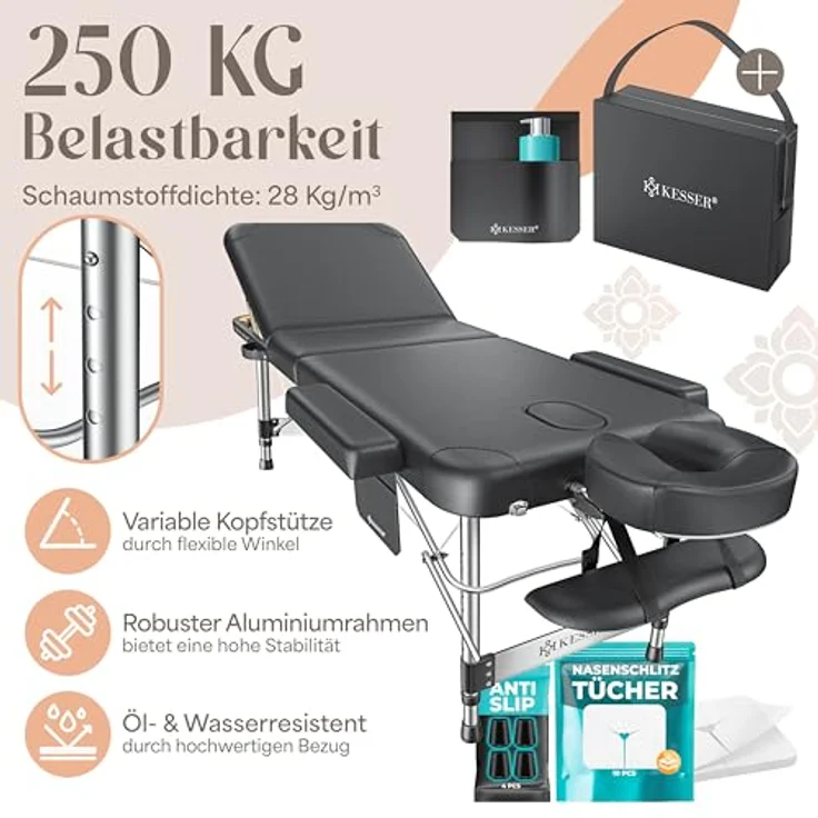 KESSER Massageliege, 3 Zonen klappbar & höhenverstellbar, mobil mit Öl- und Wasserresistenz, 225 kg Belastbarkeit – Bild 2