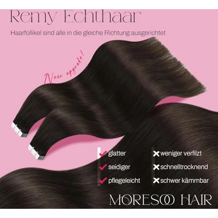 Moresoo Invisible Tape Extensions Echthaar 45 cm, Dunkelbraun, 20 Stück/50g, für dünnes Haar, leicht und komfortabel – Bild 2