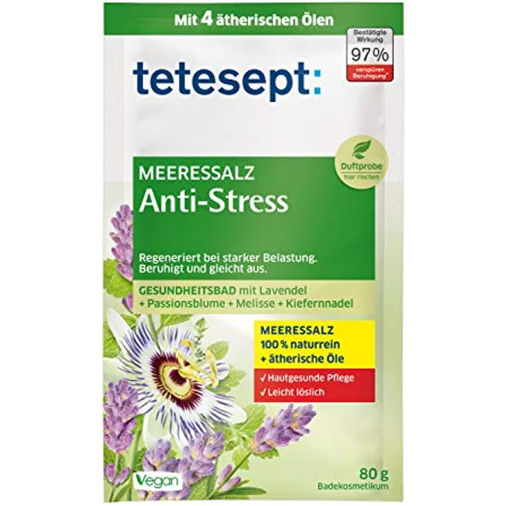 tetesept Meeressalz Badezusatz Anti-Stress, Badesalz mit ätherischen Ölen zur Beruhigung und Regeneration, 10er Pack à 80 g