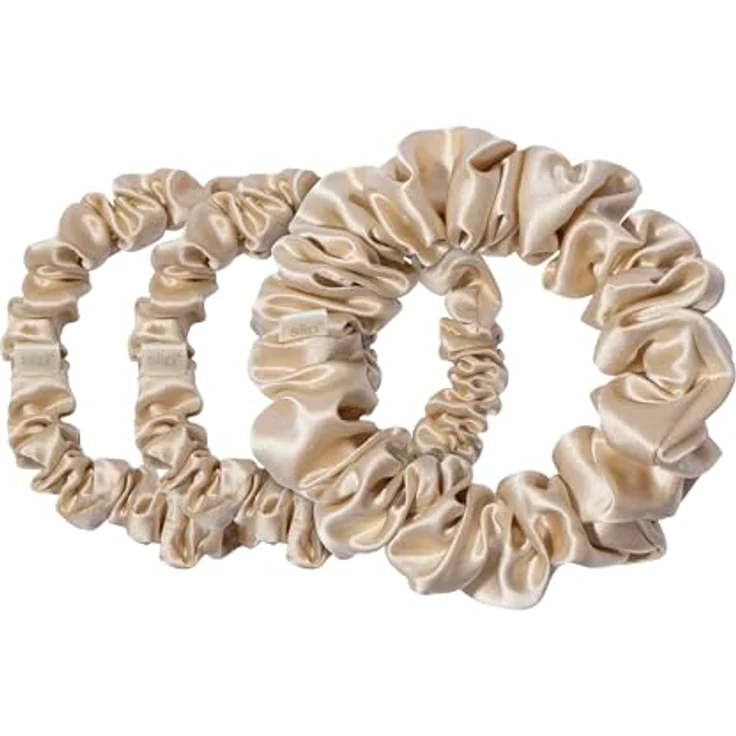 SLIP Silk Back to Basics 3-teiliges Haargummi-Set aus 100% Maulbeerseide - 2 x Scrunchies Mittel, 1 x Groß - Blond - Haarschonende Zopfgummis gegen Haarbruch – Bild 2