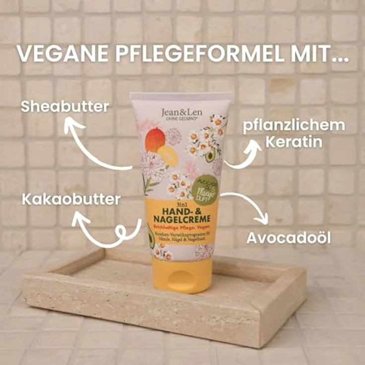 Jean & Len Hand- & Nagelcreme Mango & Avocado, vegane Pflegeformel mit Shea- und Kakaobutter, fruchtiger Mango-Duft, 75 ml – Bild 2