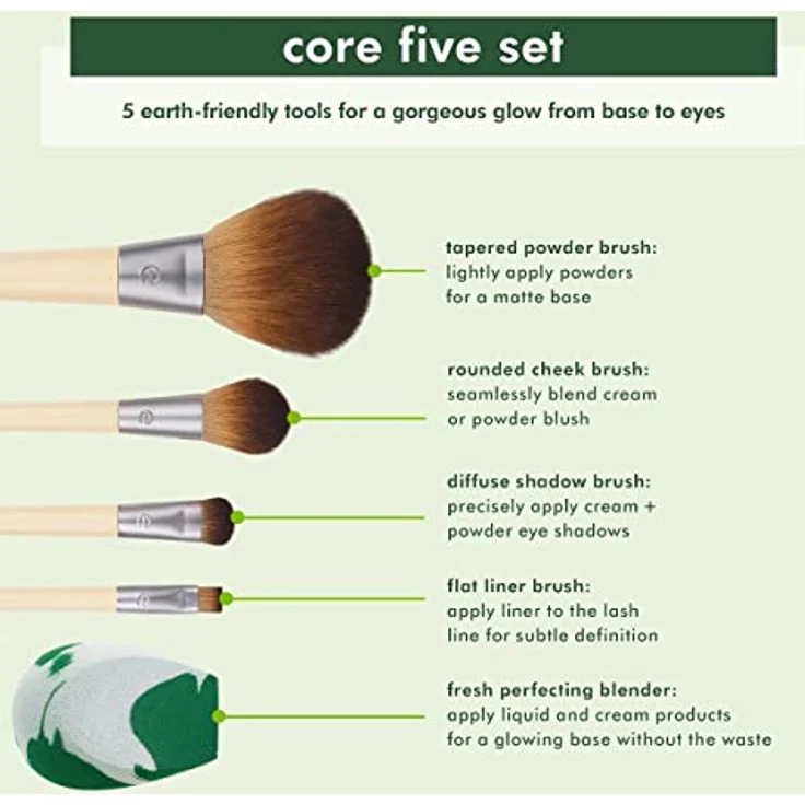 EcoTools Core Five Make-up-Pinsel- und Schwamm-Set, für Lidschatten, Rouge, Bronzer, Eyeliner und Foundation, Make-up Blending Schwamm, Pinsel Essentials, 5-teiliges Set – Bild 4