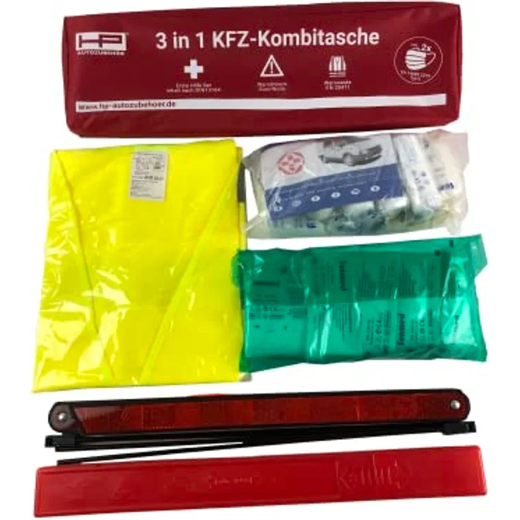 HP Autozubehör 10047 KFZ-Kombitasche Warndreieck Warnweste Verbandtasche DIN 13164 mit Zwei Masken 3tlg. - Mindesthaltbarkeit 4 Jahre