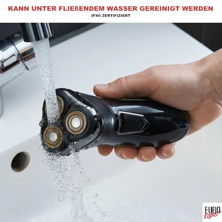 EUROtops Elektro-Rasierer Herren, 3 Scherköpfe, Nass & Trocken, Titanium-beschichtet, LC-Display – Bild 5