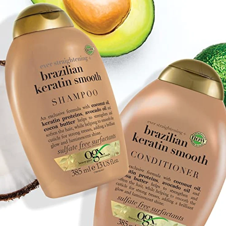 OGX Brazilian Keratin Smooth Shampoo (88 ml), glättendes Haarpflege Shampoo mit brasilianischem Kokosnussöl, Avocadoöl, Kokosnussbutter und Keratin Proteinen, sulfatfrei – Bild 2