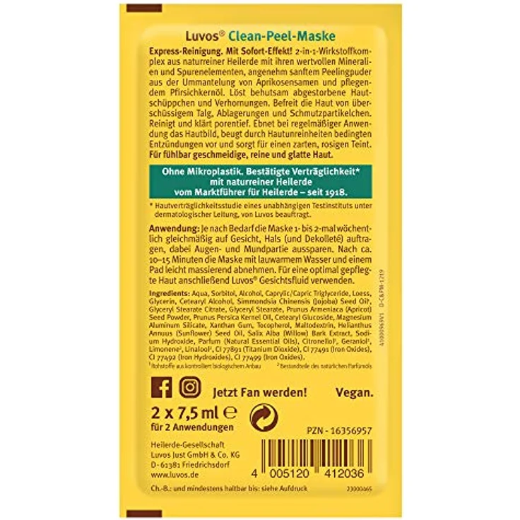 Luvos Heilerde Clean-Peel-Maske, 2-in-1 Pflege mit Aprikosensamen, 2 x 7,5 ml, für jeden Hauttyp, vegan, tierversuchsfrei – Bild 4
