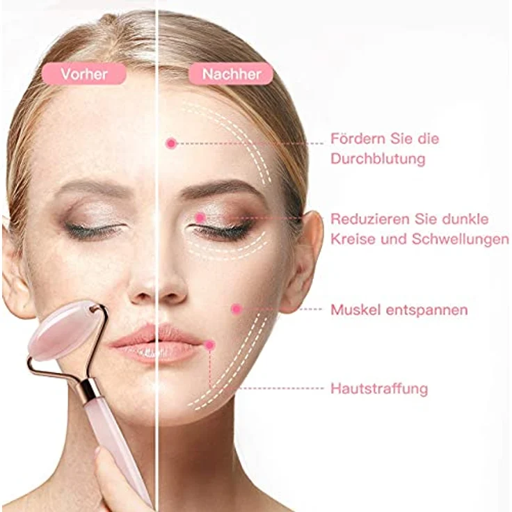 cofi1453 Massageroller & Gua Sha Set, 3-teiliges Beauty-Set aus Rosenquarz, gegen Falten & Schwellungen, fördert Durchblutung, unterstützt Lymphdrainage – Bild 3