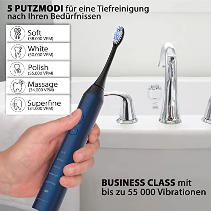 Tristan Auron Schallzahnbürste Business Class – Kompakte Schallzahnbürste mit UV-Box & 2 Bürstenköpfen – leise & wasserfest – für Reisen, Büro oder zuhause (Blau) – Bild 5