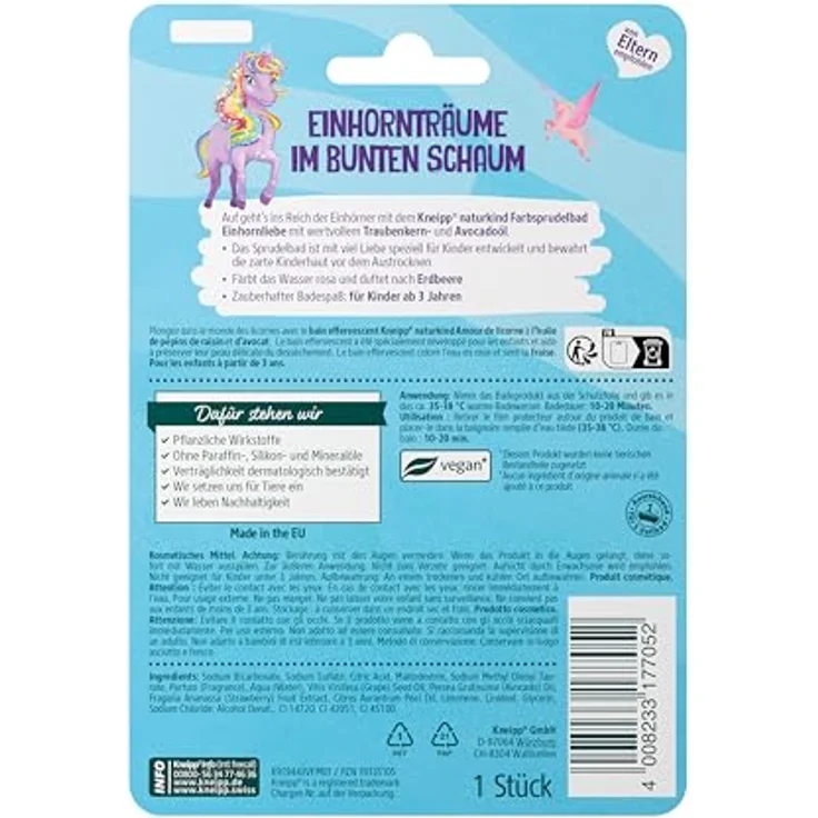 Kneipp naturkind Farbsprudelbad Einhornliebe – Rosa Wasser, Erdbeerduft, mit Avocadoöl, vegan & hautschonend ab 3 Jahren – Bild 2