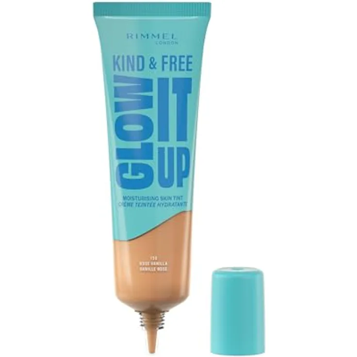 Rimmel London Kind & Free Glow It Up, feuchtigkeitsspendende Hauttönung für Damen, 150 Rose Vanille, leichte Deckkraft, 30 ml