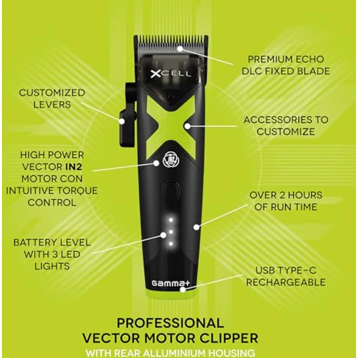 GAMMA+ Xcell Professioneller Clipper, Herren-Haarschneider mit Vector IN2-Motor, 180 Minuten kabellose Laufzeit, Aluminium-Rückseite, 2 Kämme, USB-Kabel Typ C – Bild 4