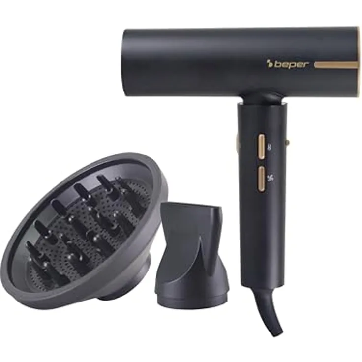 BEPER P301ASC010 Bürstenloser Haartrockner, 1800W, 3 Geschwindigkeiten, 3 Temperaturen, LED-Temperaturanzeige, selbstreinigendes Gitter, Schwarz, inkl. magnetischem Zubehör