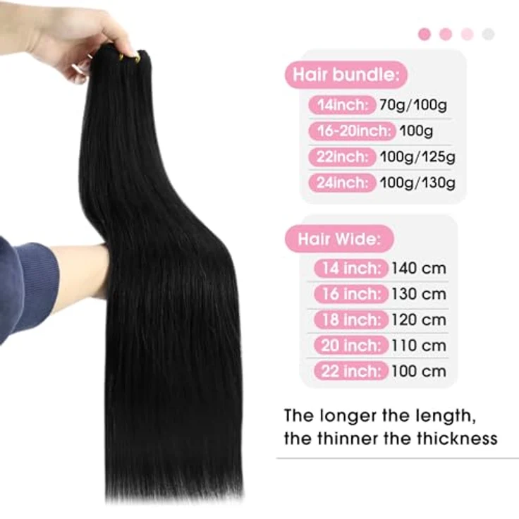 YoungSee Echthaar Tressen, Schwarz, 55 cm Weft Extensions, 100g, verwicklungsresistent und leicht anzupassen – Bild 2