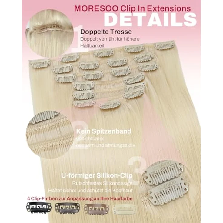 Moresoo 40 cm Clip in Extensions Echthaar, 7 Stück, 120g, Invisible für mühelose Volumenverstärkung – Bild 4