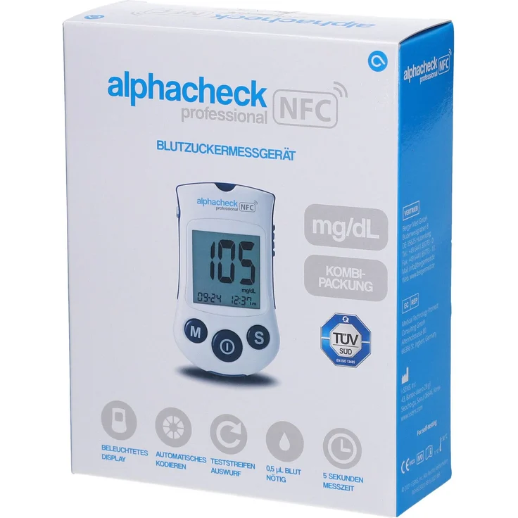 Alphacheck professional Blutzuckermessgerät, quantitative Messung des Blutzuckerspiegels, Kombipackung 1 St