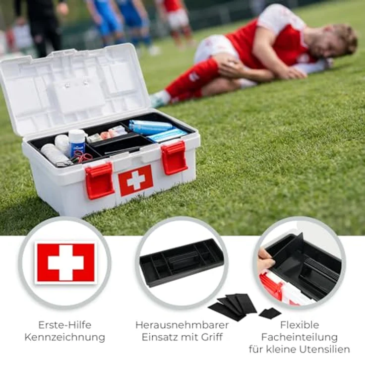 HMF Erste-Hilfe-Koffer, leerer Medizinbox zur Medikamenten Aufbewahrung, 37 x 20 x 18,5 cm, robust in Weiß-Rot mit herausnehmbaren Fächern – Bild 3