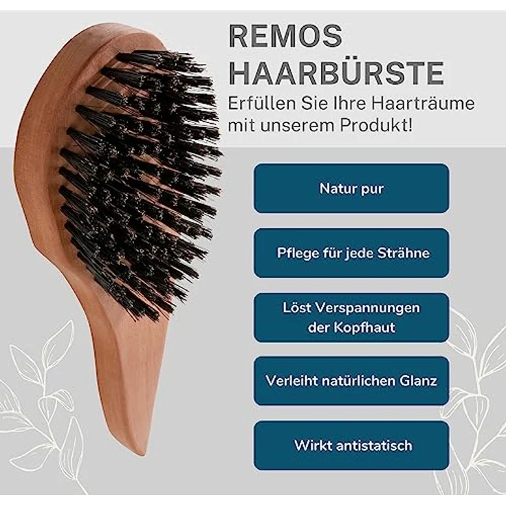 remos professional body care REMOS Natur Haarbürste aus 100% Wildschweinborste, ergonomischer Griff aus Birnbaumholz, plastikfrei, Made in Germany – Bild 3