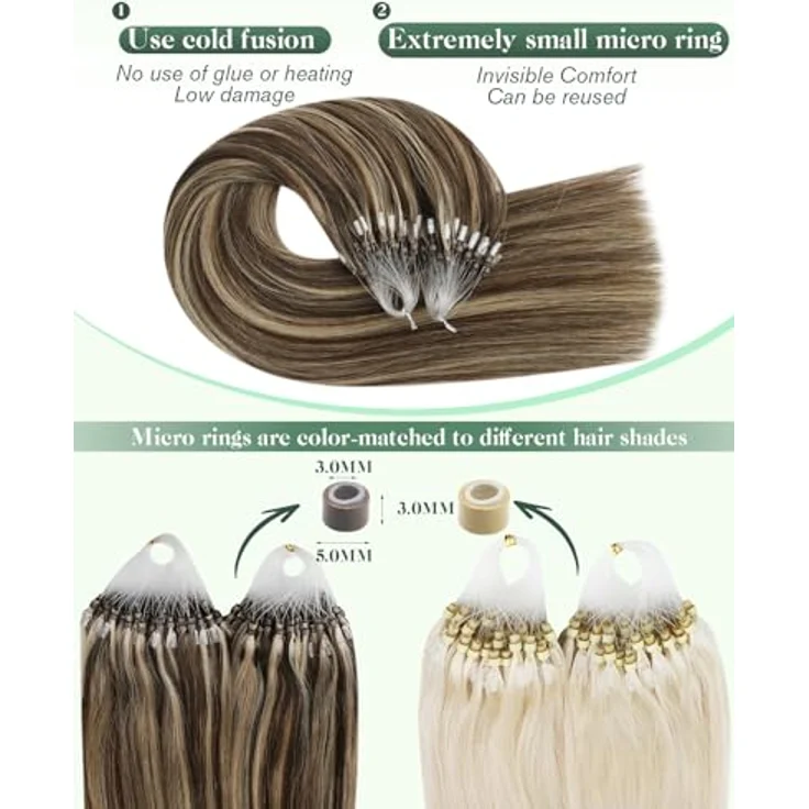 Ugeat Micro Ring Extensions Echthaar Karamellblond, 45 cm, 50 Strähnen, hitzebeständig, nahtlose Integration – Bild 3