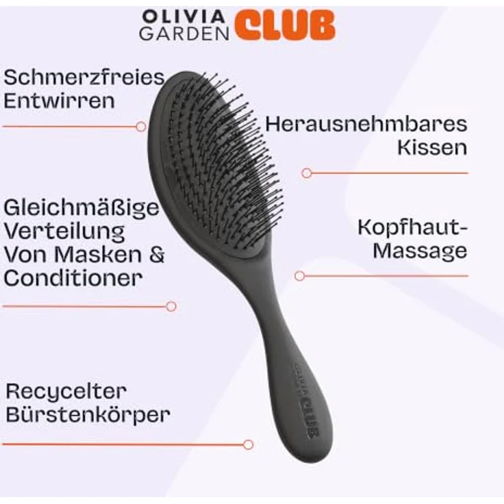 Olivia Garden Club THE RESET CUSHION Wet & Curly Detangling Hairbrush, Haarbürste für welliges und lockiges Haar, schwarz, ergonomisches Design mit ausziehbarem Kämmchen – Bild 6