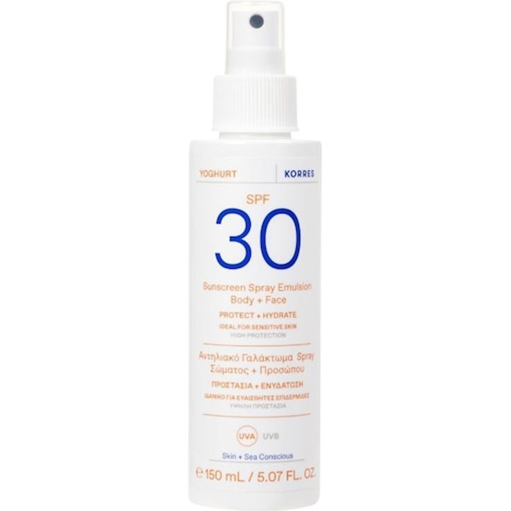 KORRES Yoghurt Sonnenspray-Emulsion für Gesicht und Körper, SPF30, 150 ml, vegan, feuchtigkeitsspendend, mattierender Effekt
