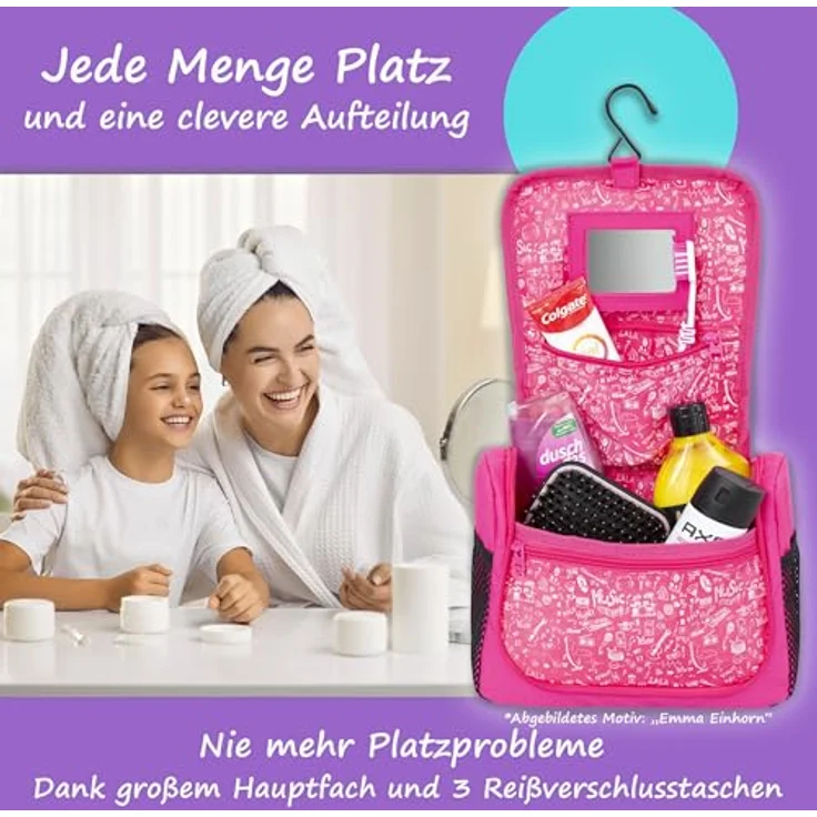GRINSEZWERGE Kinder Kulturtasche, Reise Kulturbeutel zum Aufhängen mit großem Hauptfach, 3 Reißverschlusstaschen und 4 Netztaschen, robuster Metallhaken, inkl. Namensschild und abnehmbarem Spiegel – Bild 4